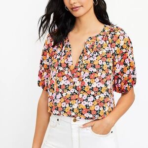LOFT floral cottagecore Puff Sleeve Blouse, size XXS petite NEW WITH TAGS